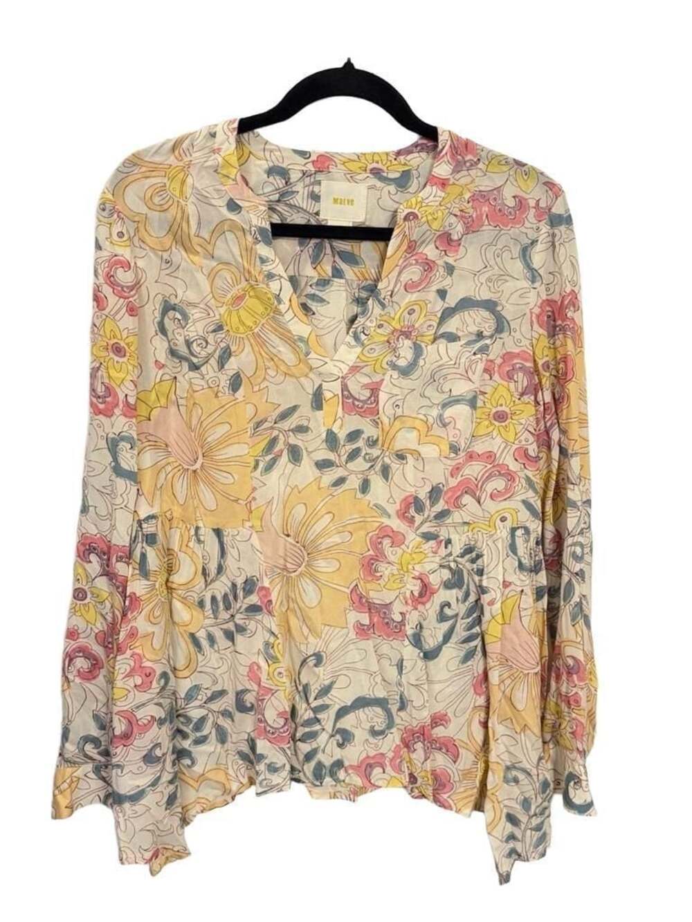 Anthropologie Maeve Laiken Floral V-Neck Long Sleeve Popover Blouse Cottagecore